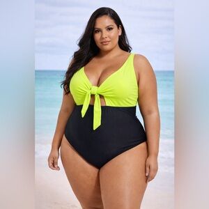 HYBRID NWT Swimwear Plus Size 1X Neon Green & Black Tie Front One-Piece Swimsuit